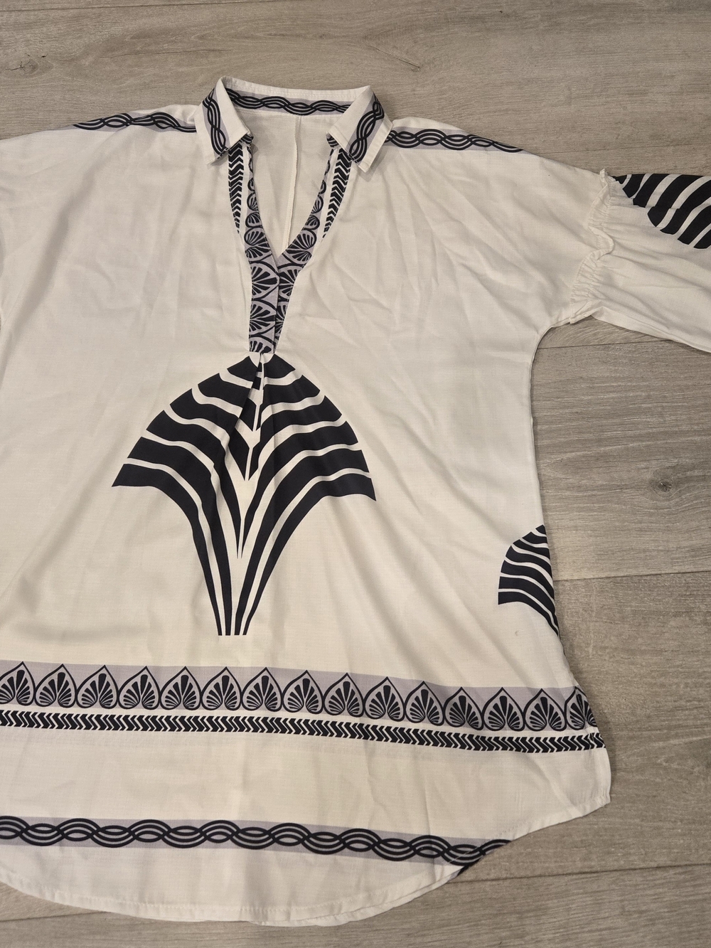 White & Black Printed V-Neck Women’s Top